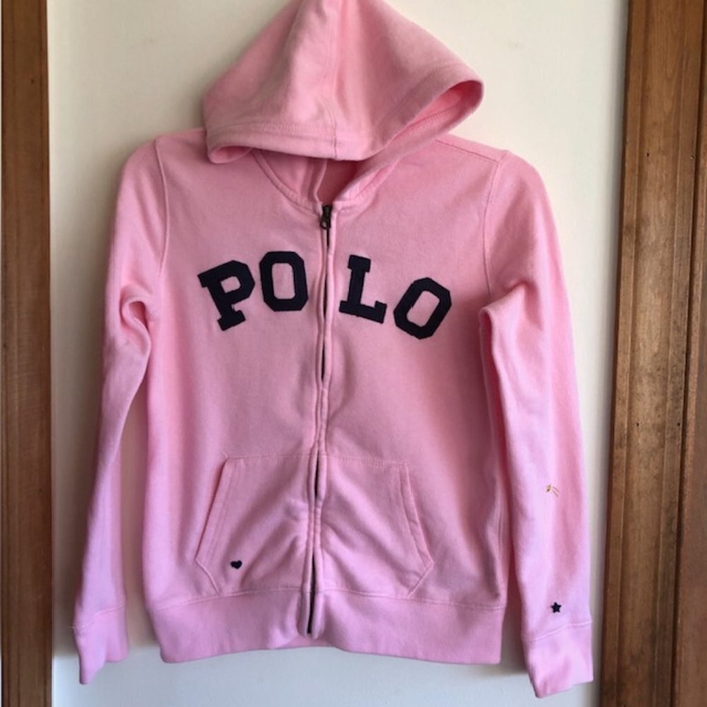 RALPH LAUREN POLO Navy POLO Letters Pink French Terry Hoodie Girl Large …